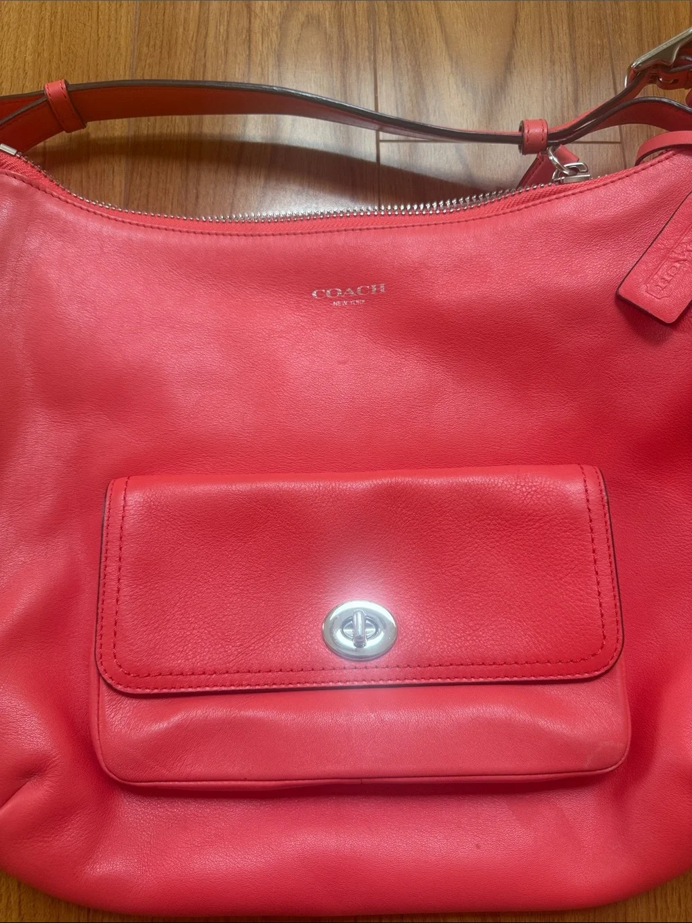 Coach Red Leather Shoulder Bag with Front Pocket and Tassel